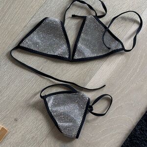 Silver Crystal Embellished Triangle Bikini Top & Bottom Set